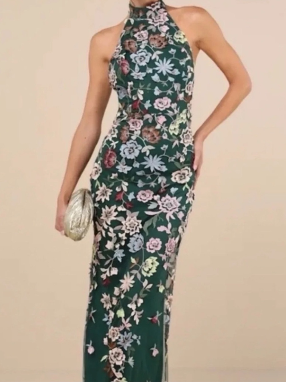 Lulus  Forest Green 3D Floral Halter Evening Dress EUC